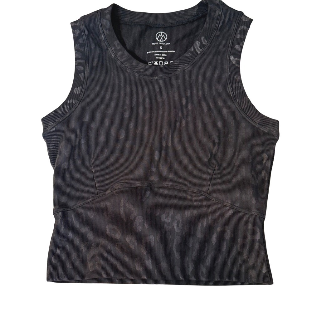 Move Theology Tank Top Womens Small Black Ribbed Leopard Crop Athletic
